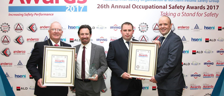 EMR takes high achiever award at NISO 2017. Pictured l-r: Harry Galvin, president of NISO, Derek Glynn, COO, EMR, Colm Farrell, safety representative, EMR and John Thompson, incoming NISG chair